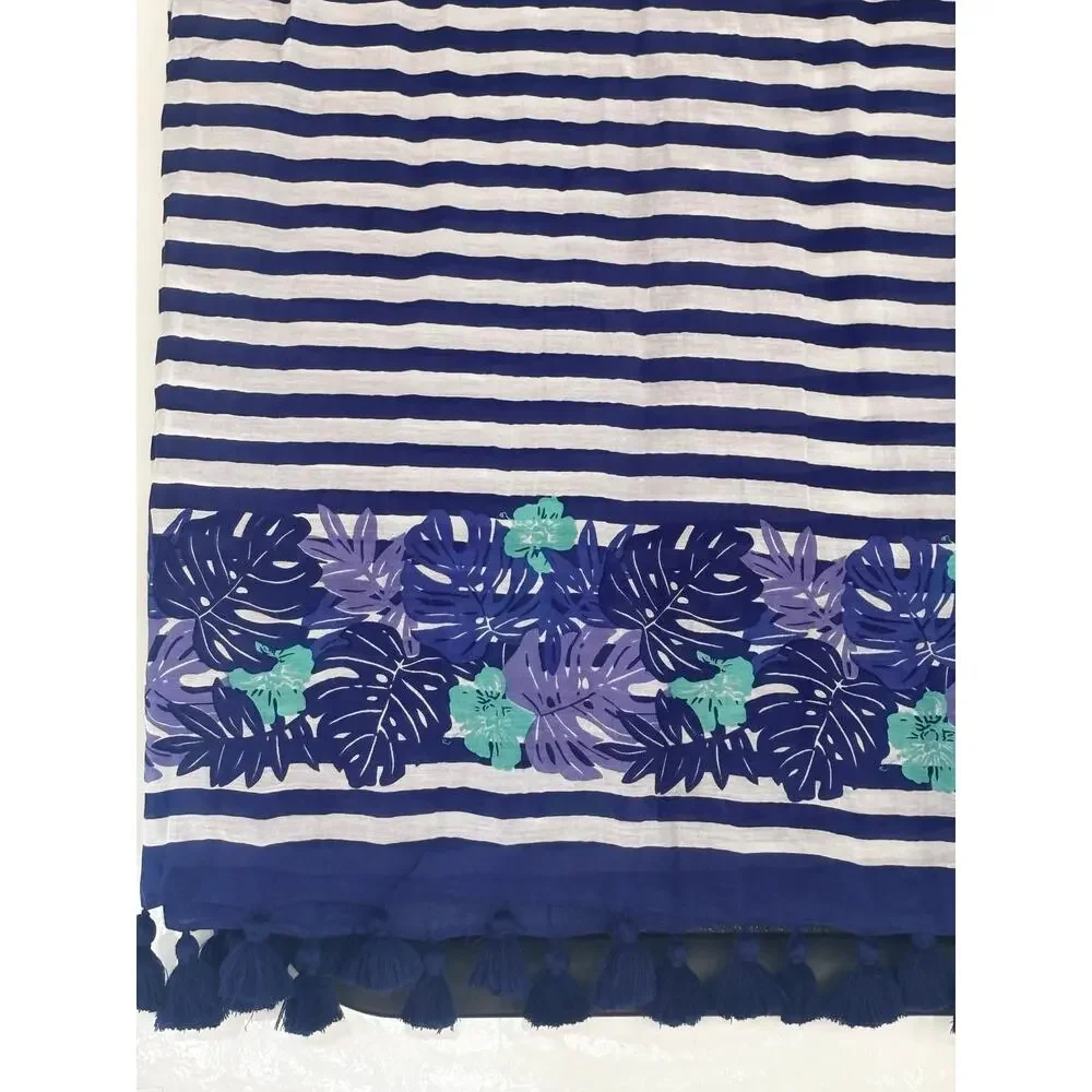 Vineyard Vines Blue & White Striped Floral Summer Scarf Tassels Lightweight